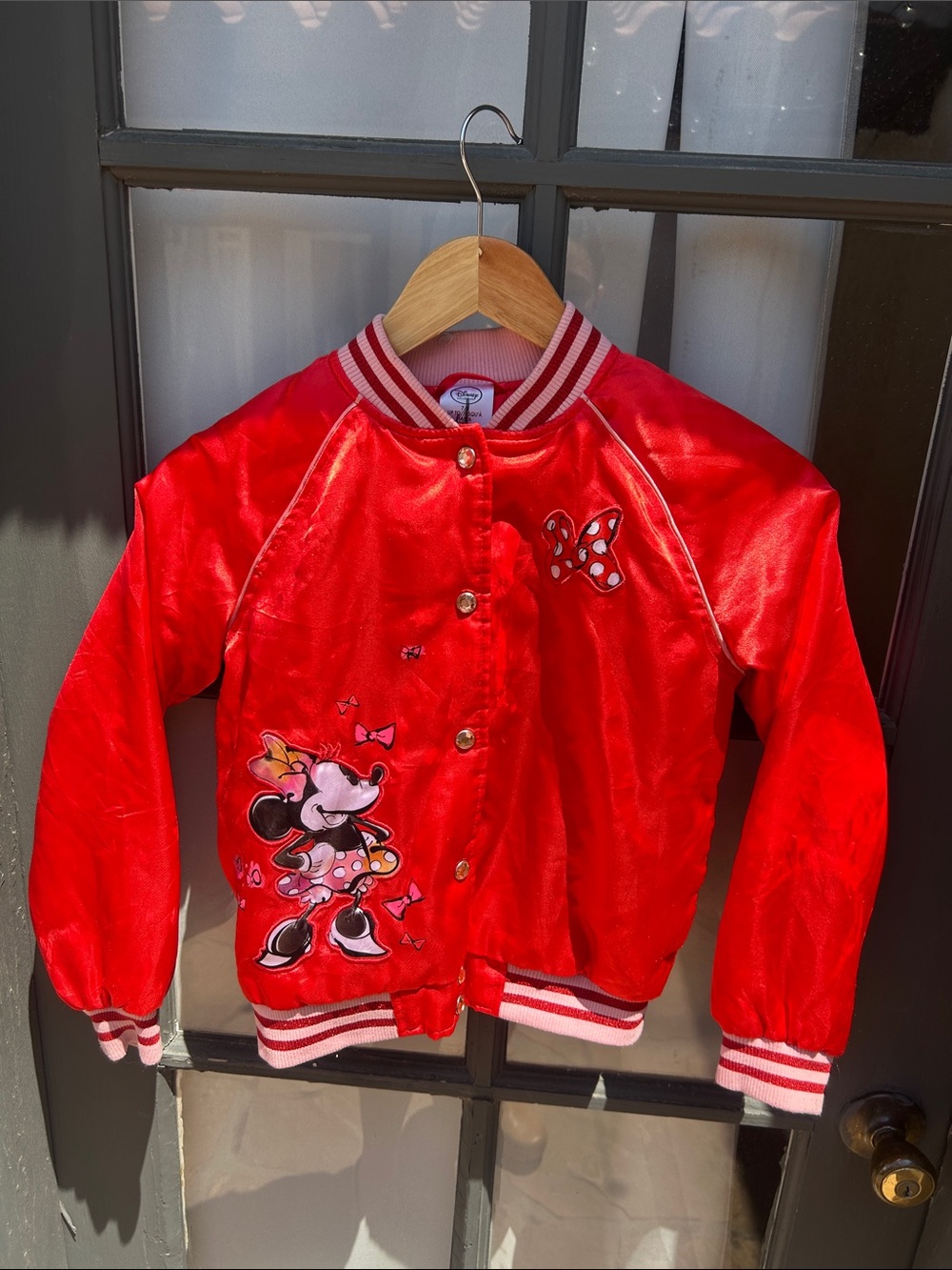 Disney Red Minnie Mouse Kids Satin Bomber Jacket size 7/8